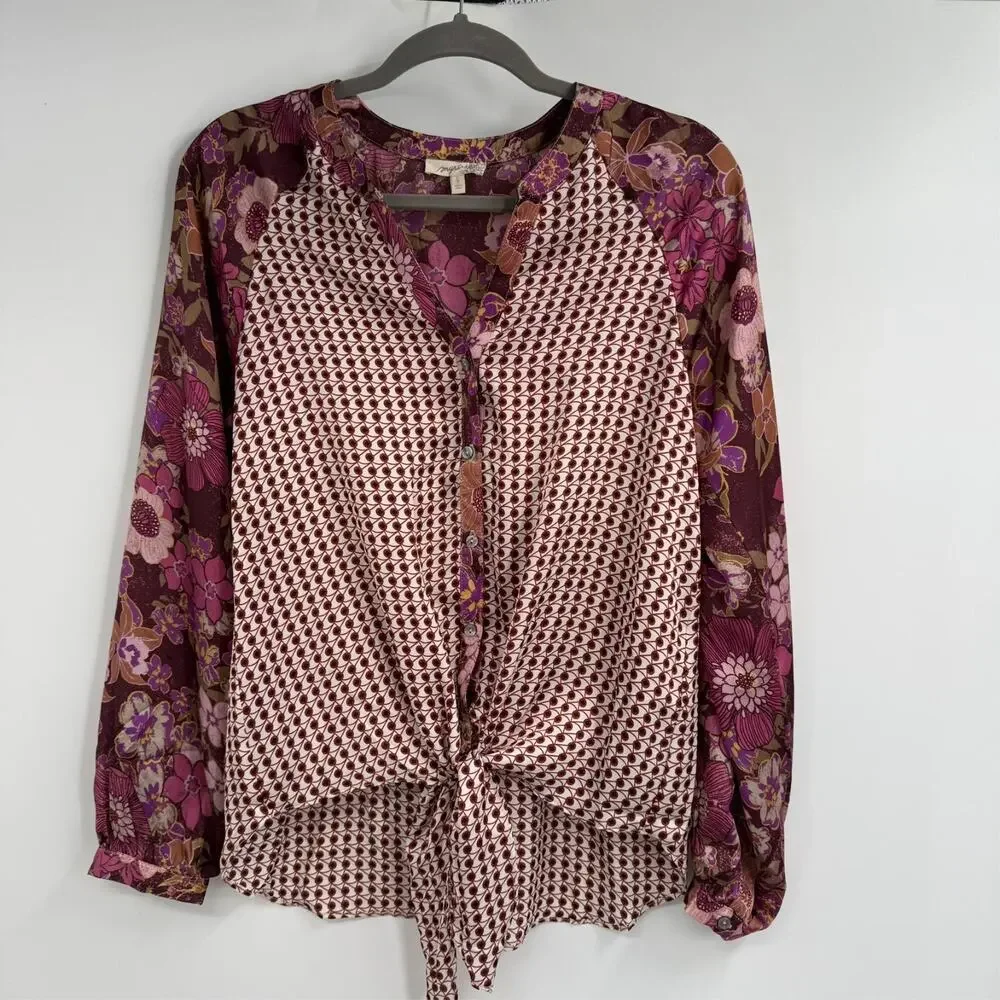 Mystree Button Up Shirt Womens S Merlot Burgundy Tie Front Mixed Floral Boho - Picture 5 of 13